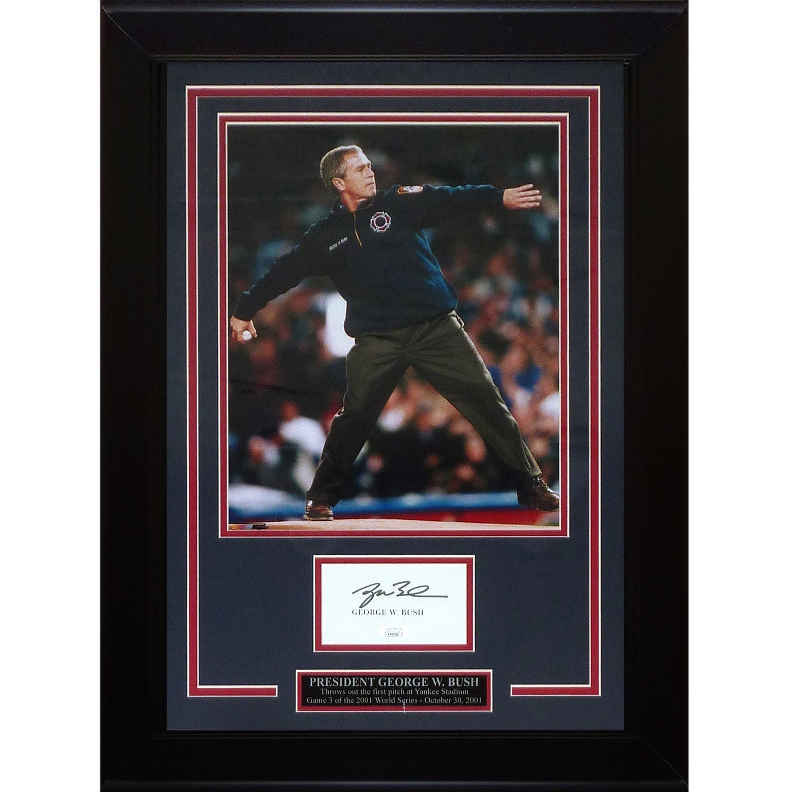President George W. Bush Throwing out First Pitch Deluxe Framed 11x14 Photo with Autograph - JSA-Powers Sports Memorabilia