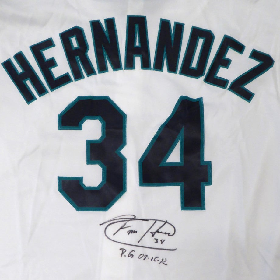Autographed Felix Hernandez Seattle Mariners (White #34) Majestic Jersey w/ "PG 8-15-12" - MLB-Powers Sports Memorabilia