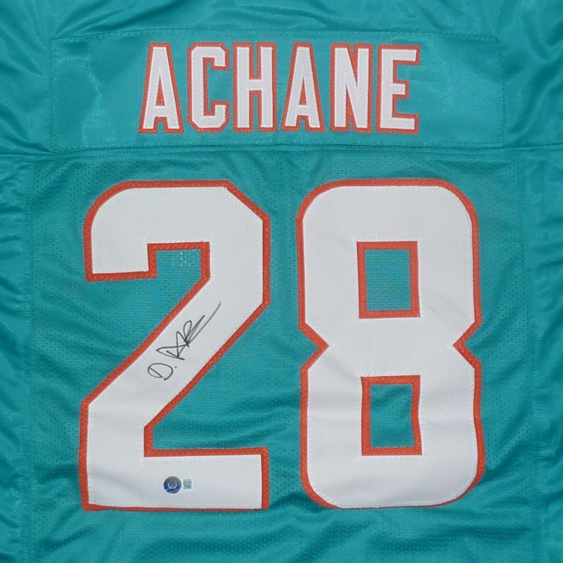 Autographed De'Von Achane Miami (Teal #28) Custom Jersey - Beckett-Powers Sports Memorabilia