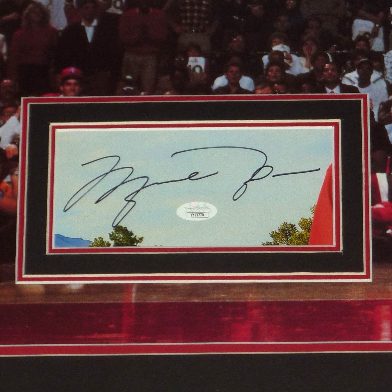 Autographed Michael Jordan Deluxe Framed over Chicago Bulls 1988 Gatorade Slam Dunk Full-Size Poster - JSA LOA-Powers Sports Memorabilia