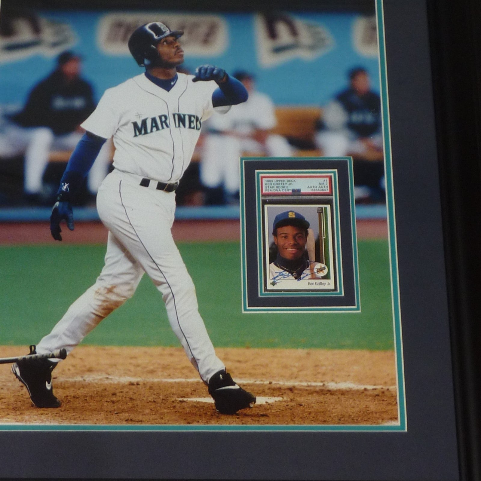 Autographed Ken Griffey Jr. 1989 Upper Deck Rookie Card #1 Deluxe Framed over Seattle Mariners 16x20 Photo - PSA/DNA