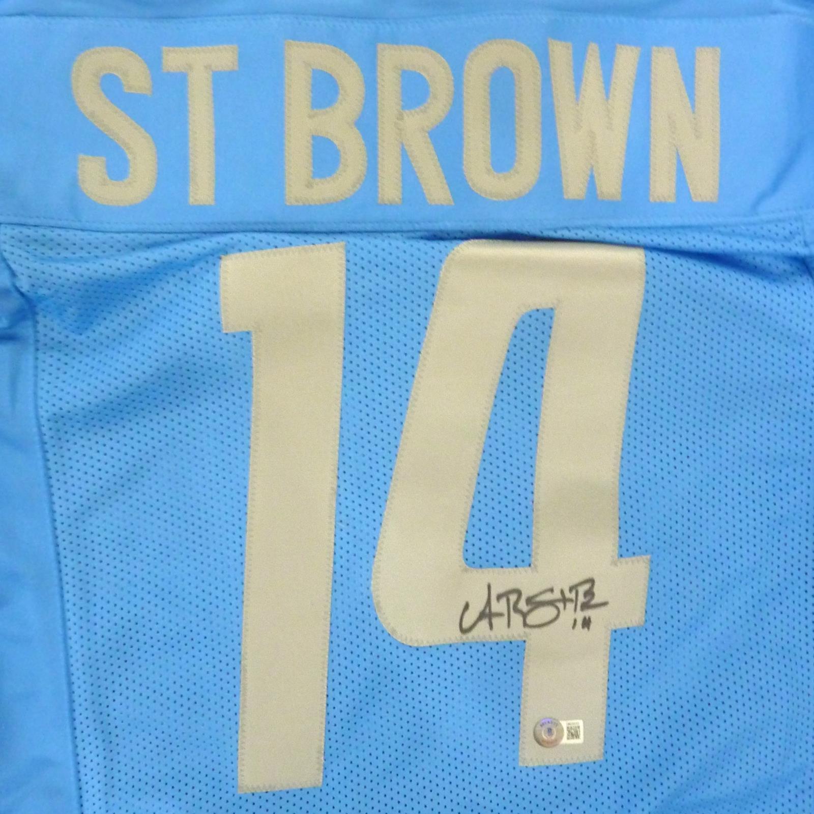 Autographed Amon-Ra St Brown Detroit (Blue #14) Custom Jersey - Beckett-Powers Sports Memorabilia