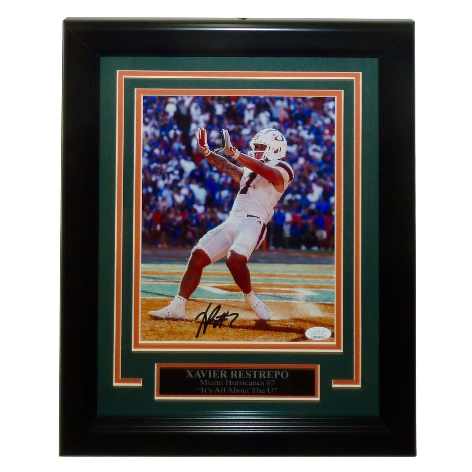Autographed Xavier Restrepo Miami Hurricanes (TD Celebration) Deluxe Framed 8x10 Photo - JSA-Powers Sports Memorabilia