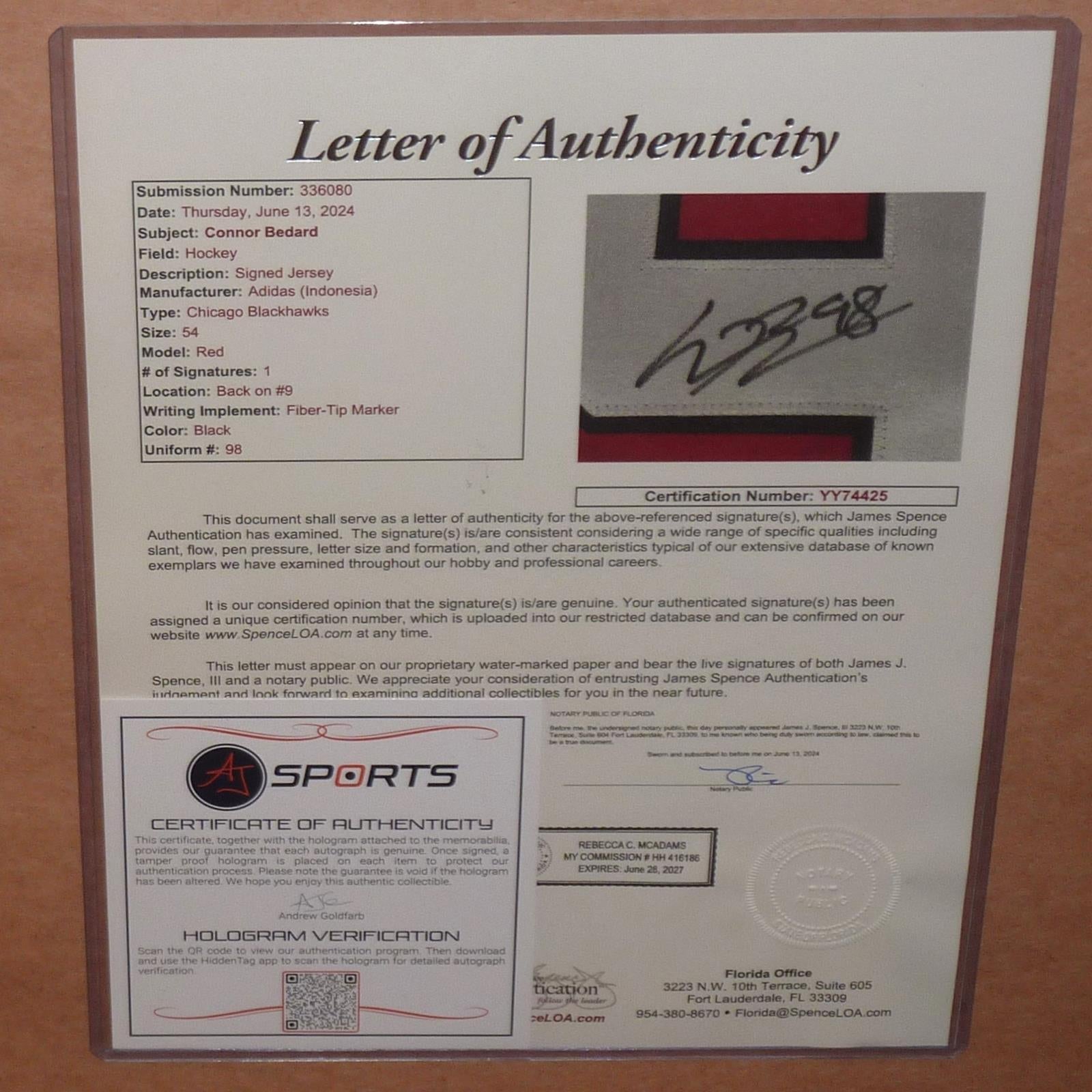 Autographed Connor Bedard Chicago Blackhawks (Red #98) Adidas Deluxe Framed Jersey - JSA LOA-Powers Sports Memorabilia