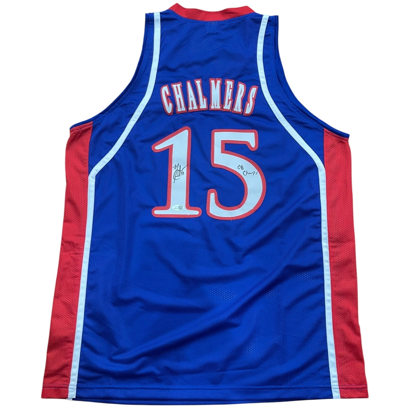 Autographed Mario Chalmers Kansas Jayhawks (Blue #15) Custom Jersey w/ "08 Champs" - JSA-Powers Sports Memorabilia