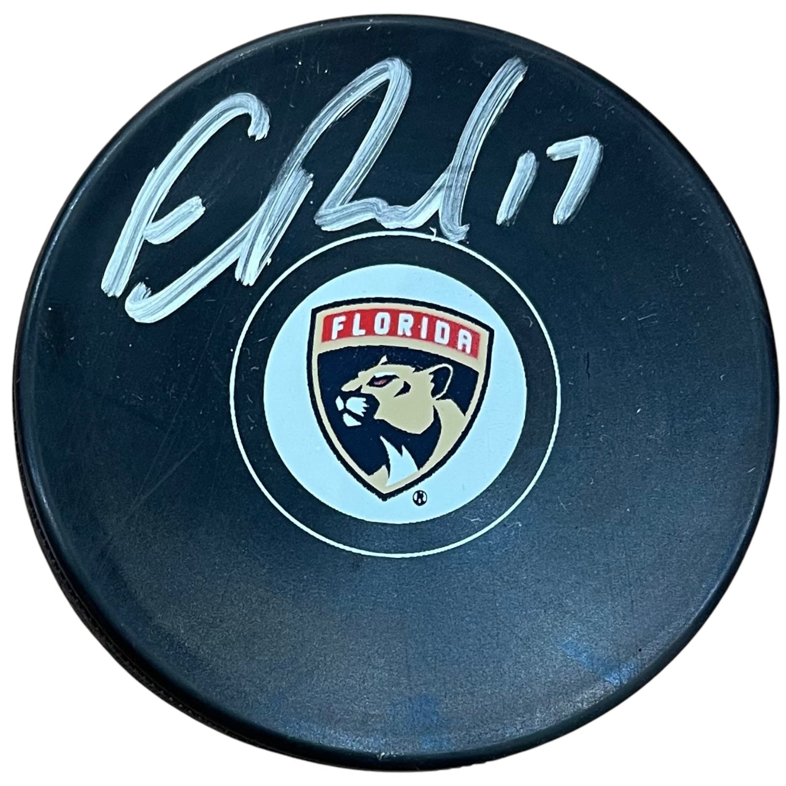 Autographed Evan Rodrigues Florida Panthers Logo Replica Hockey Puck - JSA-Powers Sports Memorabilia