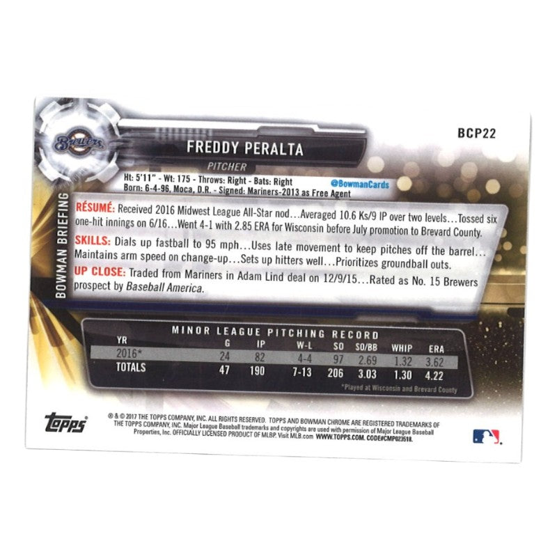 Freddy Peralta Milwaukee Brewers Signed 1st Bowman #BCP22 Mojo Refractor Card-Powers Sports Memorabilia