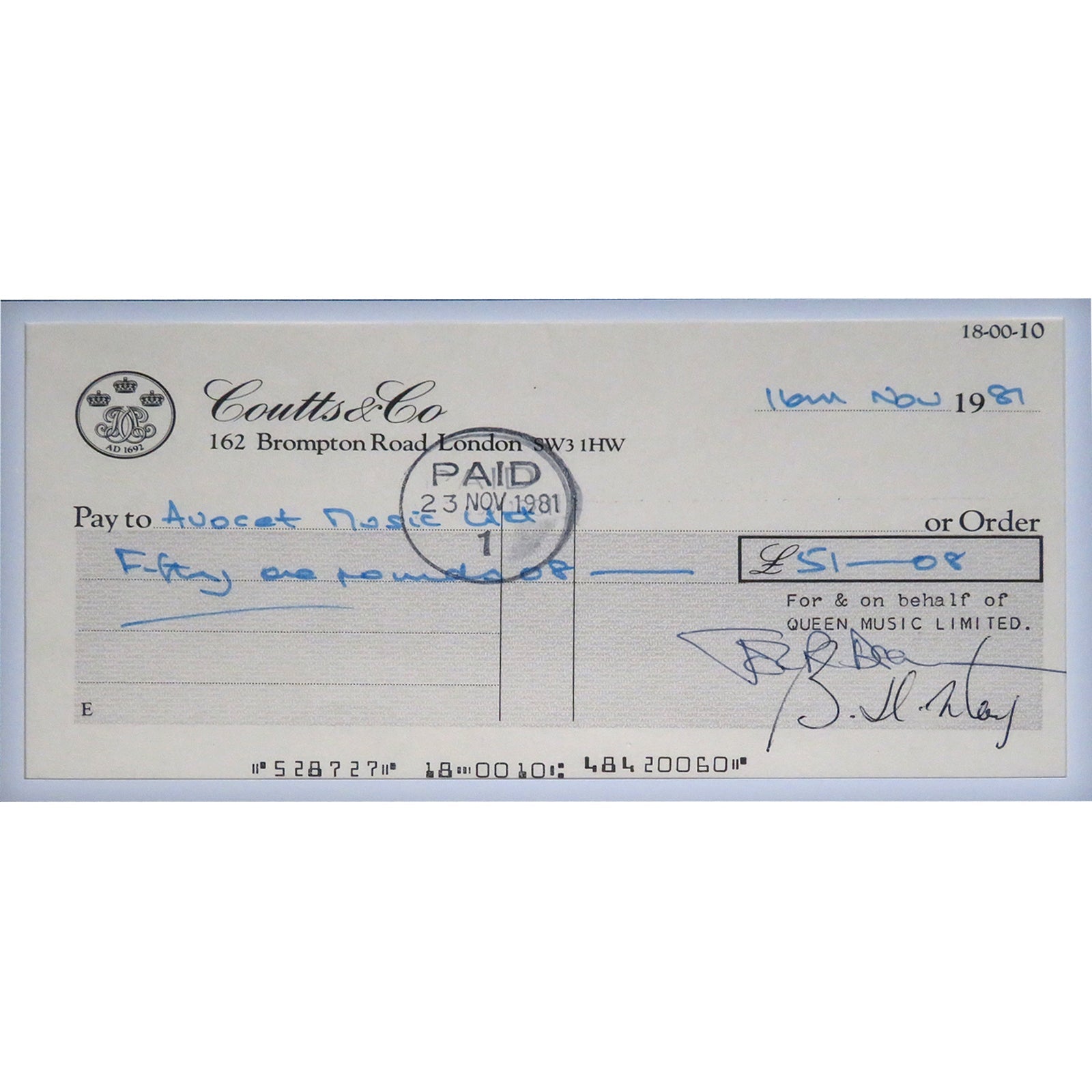 Autographed Queen Band Checks Music Display 20 by 30 Framed Piece - JSA, BAS-Powers Sports Memorabilia