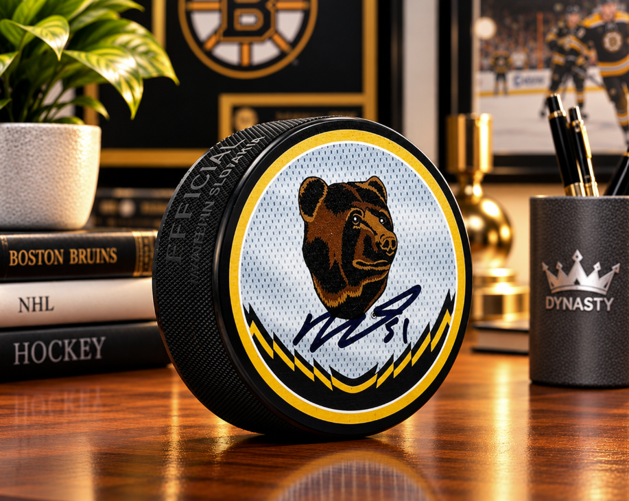 Matthew Poitras Signed Boston Bruins Reverse Retro Hockey Logo Puck-Powers Sports Memorabilia