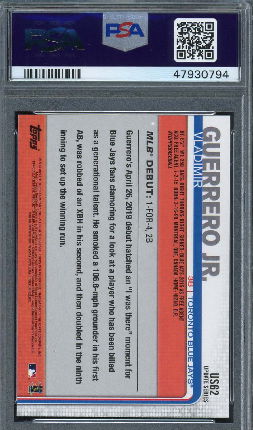 Vladimir Guerrero Jr 2019 Topps Update Baseball Rookie Card RC #US62 Graded PSA 10 GEM MINT-Powers Sports Memorabilia