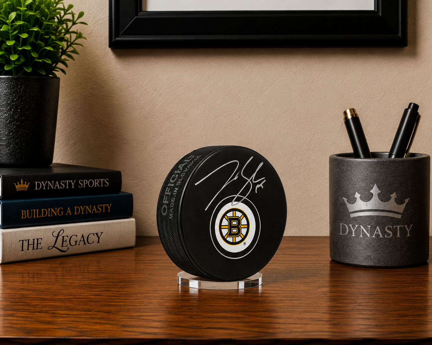 Johnny Beecher Signed Boston Bruins Hockey Logo Puck-Powers Sports Memorabilia