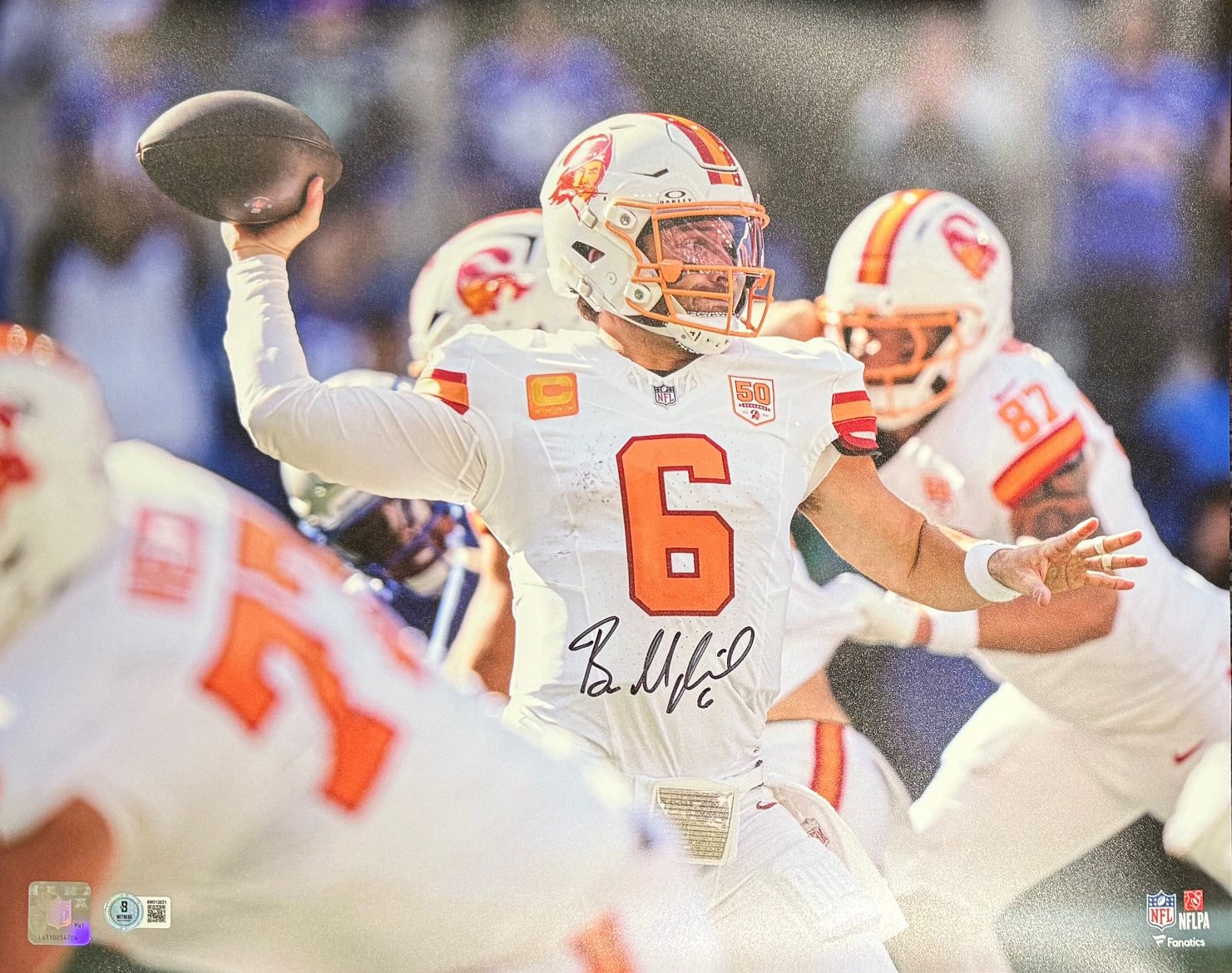 Baker Mayfield Autographed Tampa Bay Buccaneers Signed Football 16x20 Photo Beckett COA-Powers Sports Memorabilia