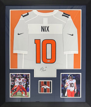 Bo Nix Autographed Denver Broncos Signed Nike Game White Football Framed Jersey Beckett Witness Authenticated COA-Powers Sports Memorabilia