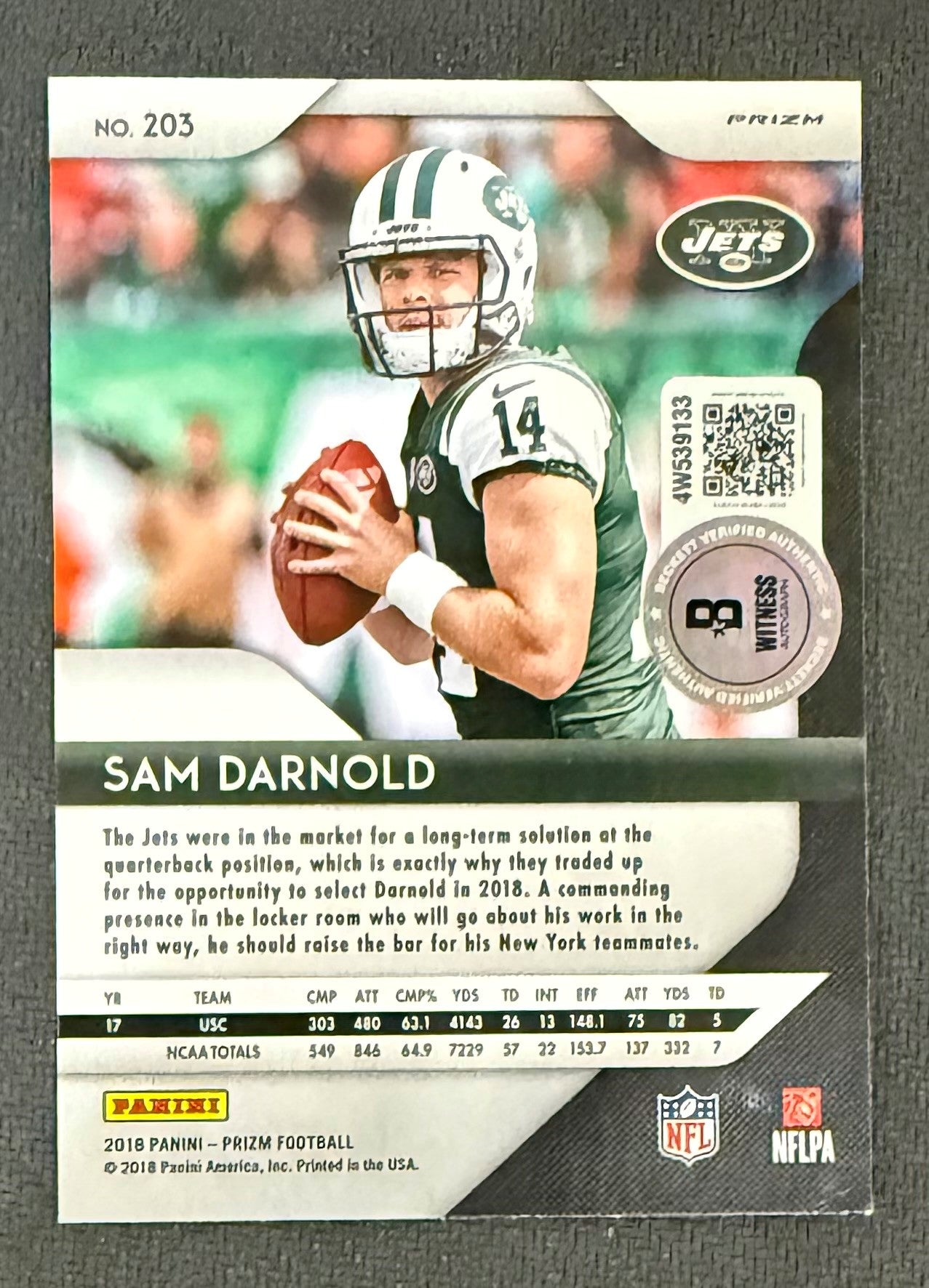 Sam Darnold 2018 Panini Prizm Green Signed Football Rookie Card #203 Auto Beckett Witness Cert #4W539133-Powers Sports Memorabilia