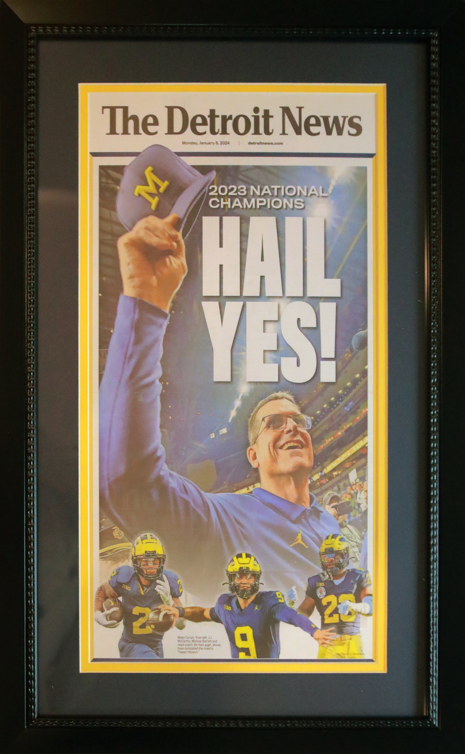 Michigan Wolverines 2024 National Champions HAIL YES Detroit News Framed 14x26 Football Newspaper ORIGINAL-Powers Sports Memorabilia