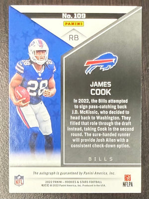 James Cook 2022 Panini Rookies & Stars True Blue Buffalo Bills Signed Football RC Rookie Card #109 Auto #87/99-Powers Sports Memorabilia