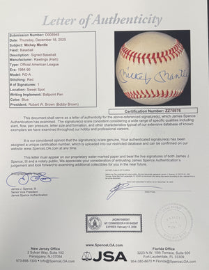 Mickey Mantle Autographed New York Yankees Signed American League Baseball JSA COA With UV Display Case