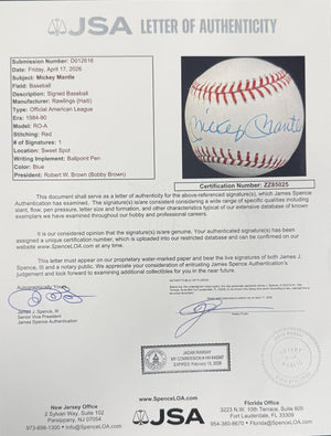 Mickey Mantle Autographed New York Yankees Signed American League Baseball JSA COA With UV Display Case ZZ85025