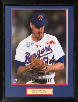 Nolan Ryan Autographed Texas Rangers Signed Baseball 16x20 Framed Photo Line Drive Hit by Bo Jackson Bloody Beckett Authenticated-Powers Sports Memorabilia