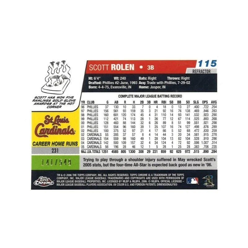 2006 Topps Chrome Scott Rolen Black Refractor Autograph #141/549-Powers Sports Memorabilia