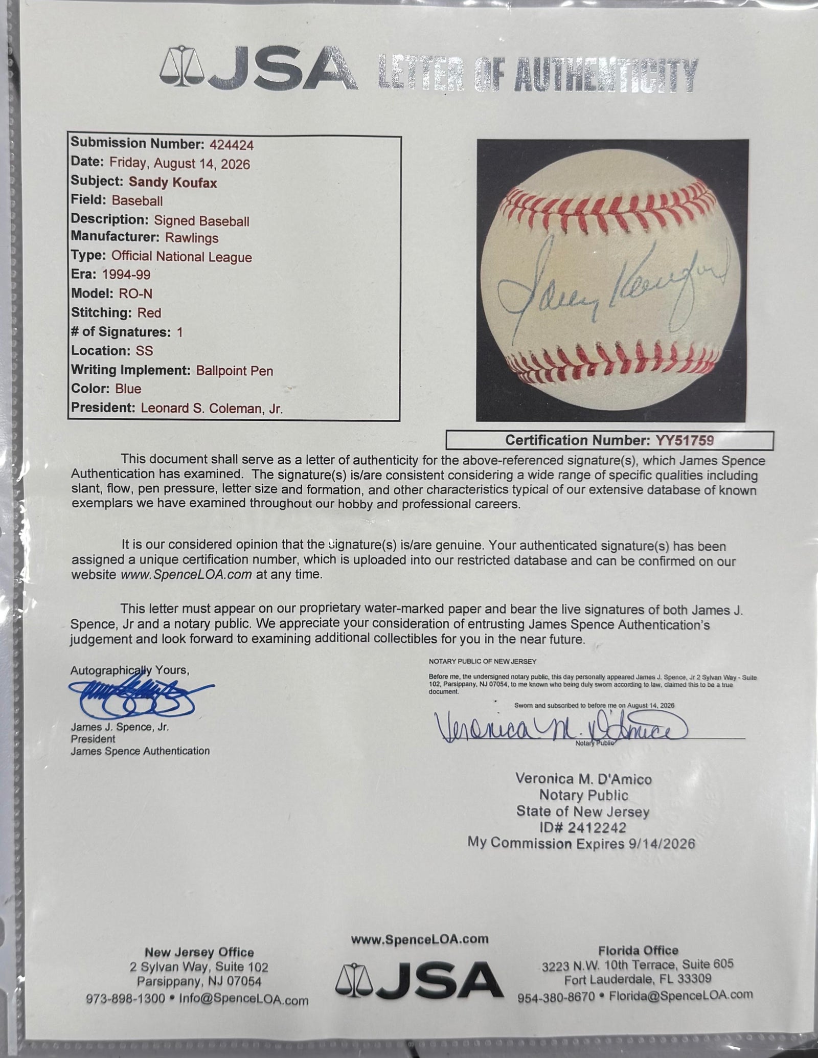 Sandy Koufax Autographed Dodgers Baseball JSA YY517959-Powers Sports Memorabilia