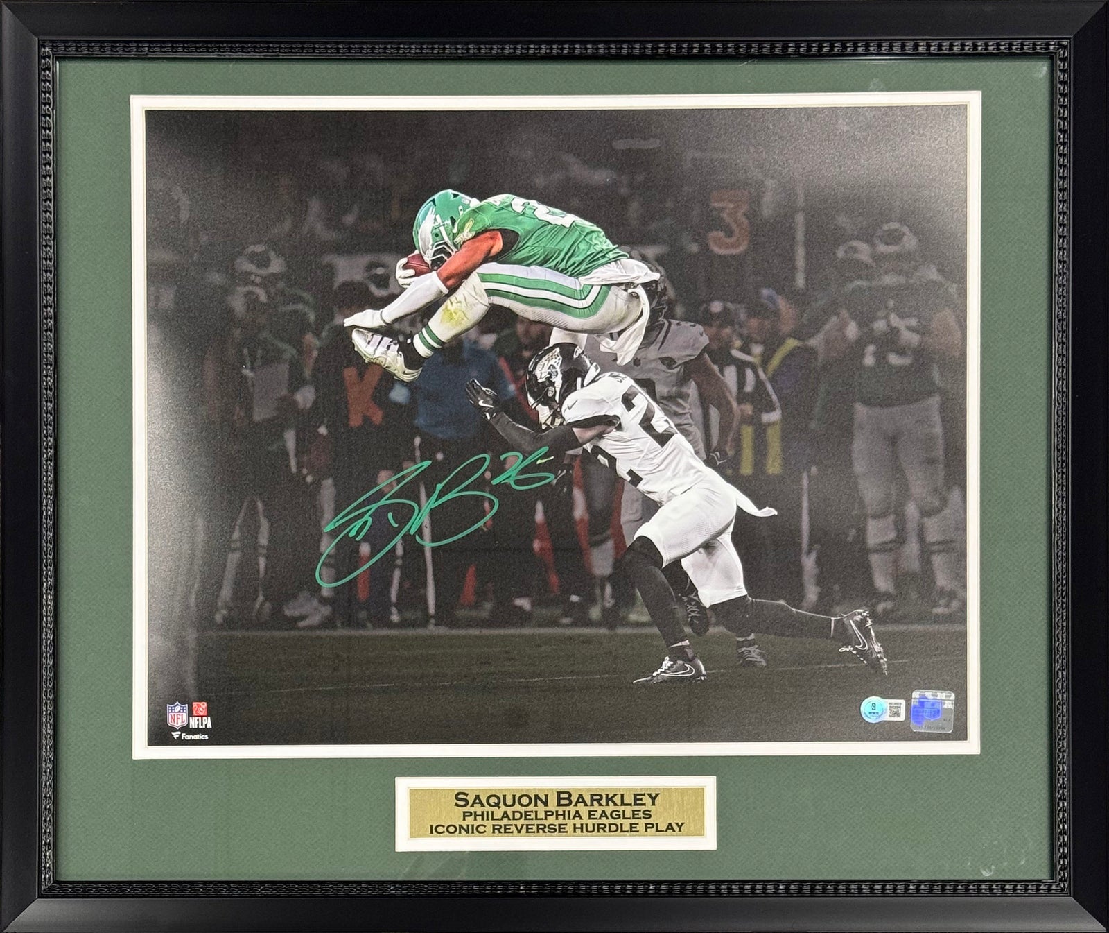 Saquon Barkley Autographed Philadelphia Eagles Reverse Hurdle Signed 16x20 Framed Football Photo Beckett Authenticated COA Green-Powers Sports Memorabilia