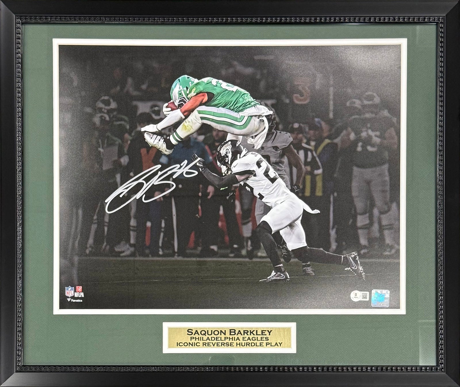 Saquon Barkley Autographed Philadelphia Eagles Reverse Hurdle Signed 16x20 Framed Football Photo Beckett Authenticated COA Silver-Powers Sports Memorabilia