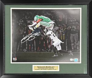 Saquon Barkley Autographed Philadelphia Eagles Reverse Hurdle Signed 16x20 Framed Football Photo Beckett Authenticated COA Silver-Powers Sports Memorabilia