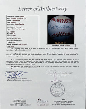Ted Williams Autographed Boston Red Sox Signed American League Baseball JSA COA With UV Display Case X98937
