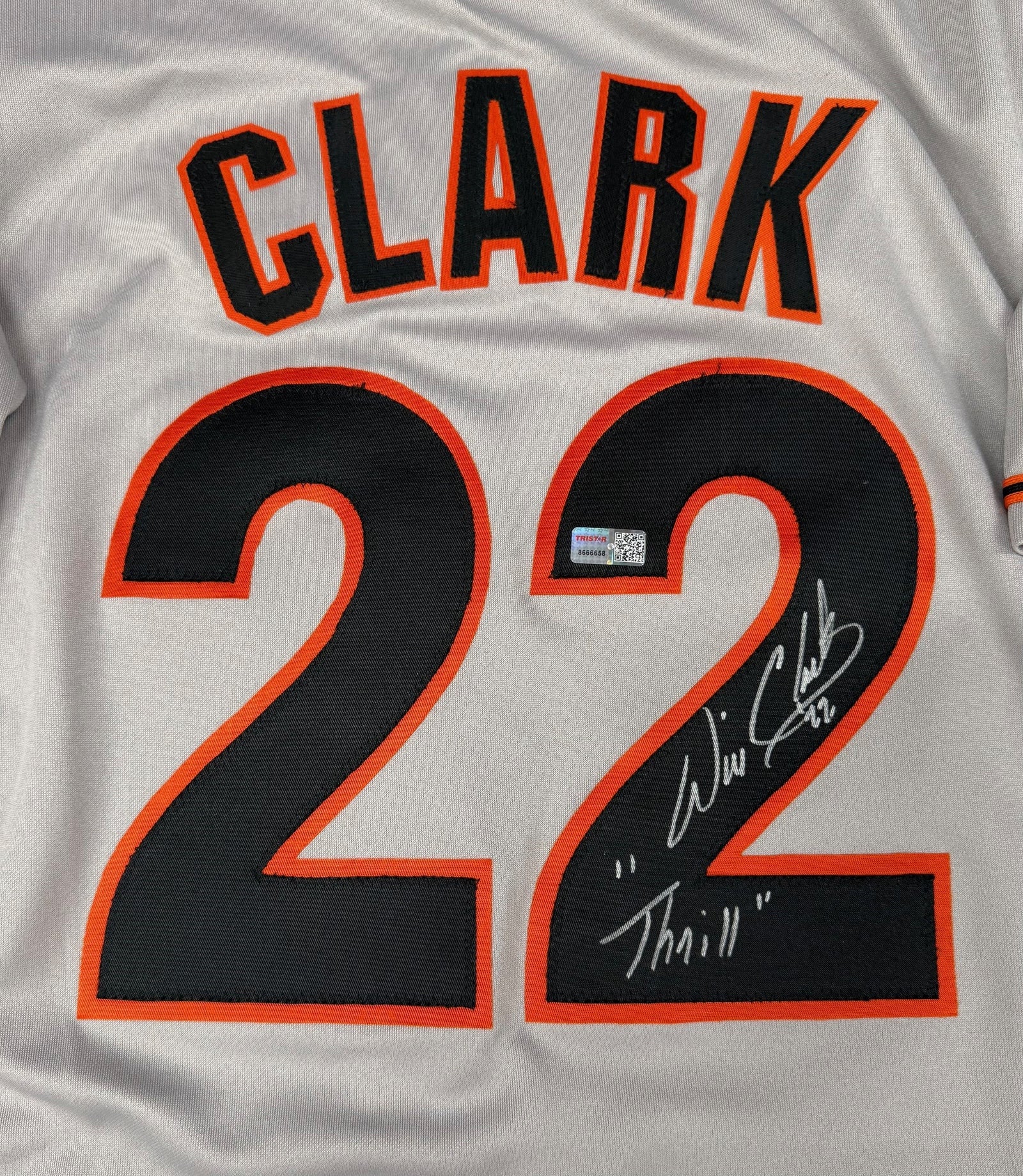 Will Clark Autographed San Francisco Giants 1989 World Series Signed Majestic Grey Baseball Jersey THRILL Inscription TRISTAR Authenticated-Powers Sports Memorabilia