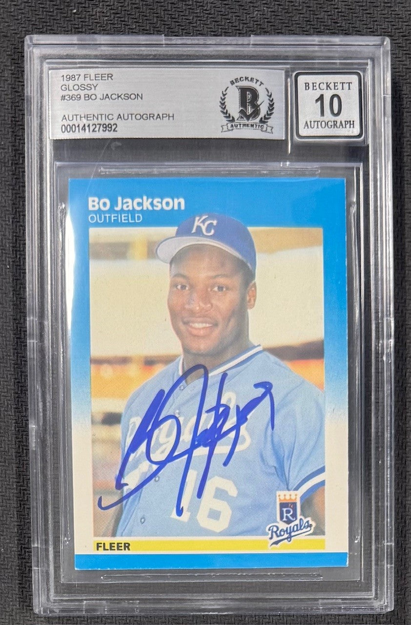 Bo Jackson 1987 Fleer Glossy Signed Baseball Rookie Card #369 Auto Graded Beckett 10 Cert # 00014127992-Powers Sports Memorabilia
