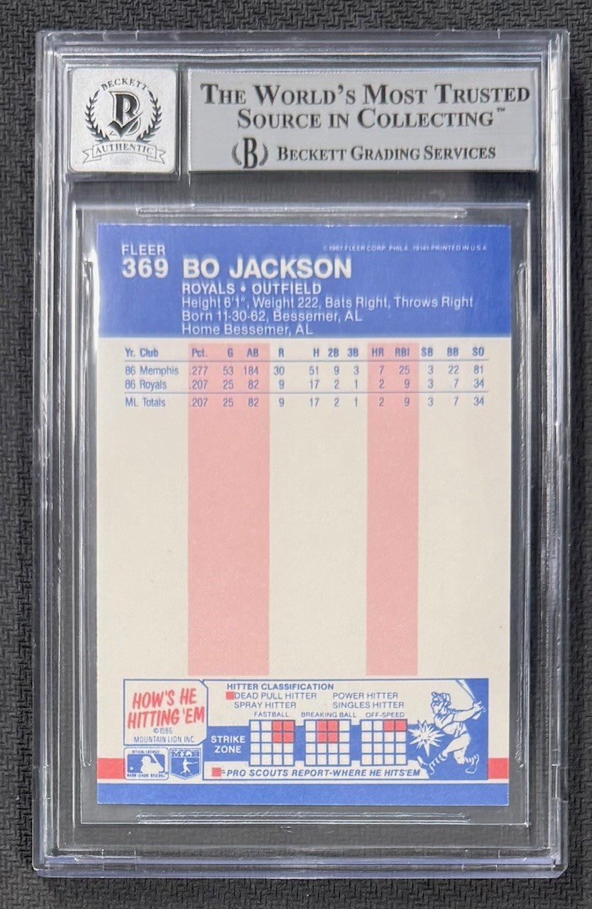 Bo Jackson 1987 Fleer Glossy Signed Baseball Rookie Card #369 Auto Graded Beckett 10 Cert # 00014127992