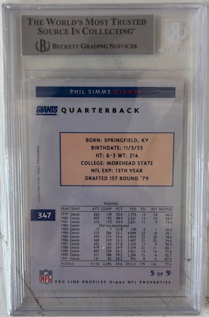 Phil Simms 1992 Pro Line Profiles Card #47 Beckett Auto-Powers Sports Memorabilia