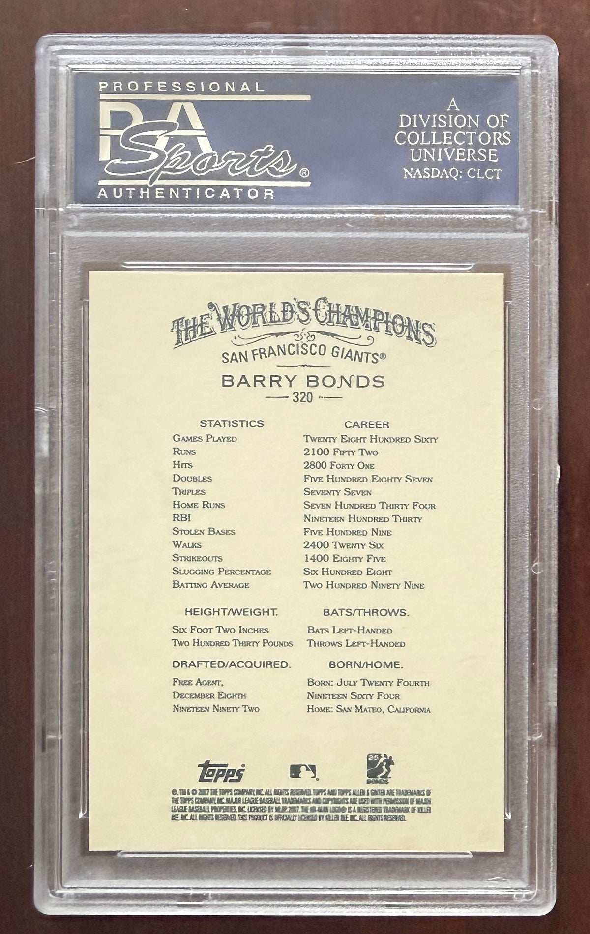 Barry Bonds 2007 Topps Allen & Ginter San Francisco Giants Baseball Card #320 Graded PSA 10 Cert #07238368-Powers Sports Memorabilia