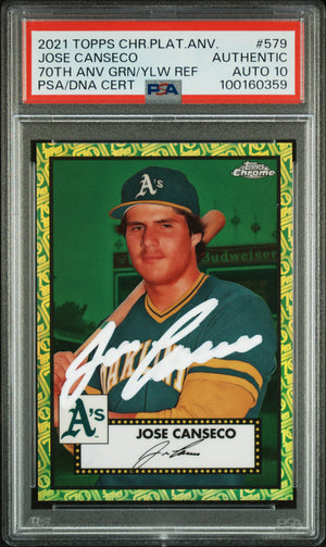 Jose Canseco 2021 Topps Chrome Green Yellow Refractor Card 579 Auto PSA 10 90/99-Powers Sports Memorabilia