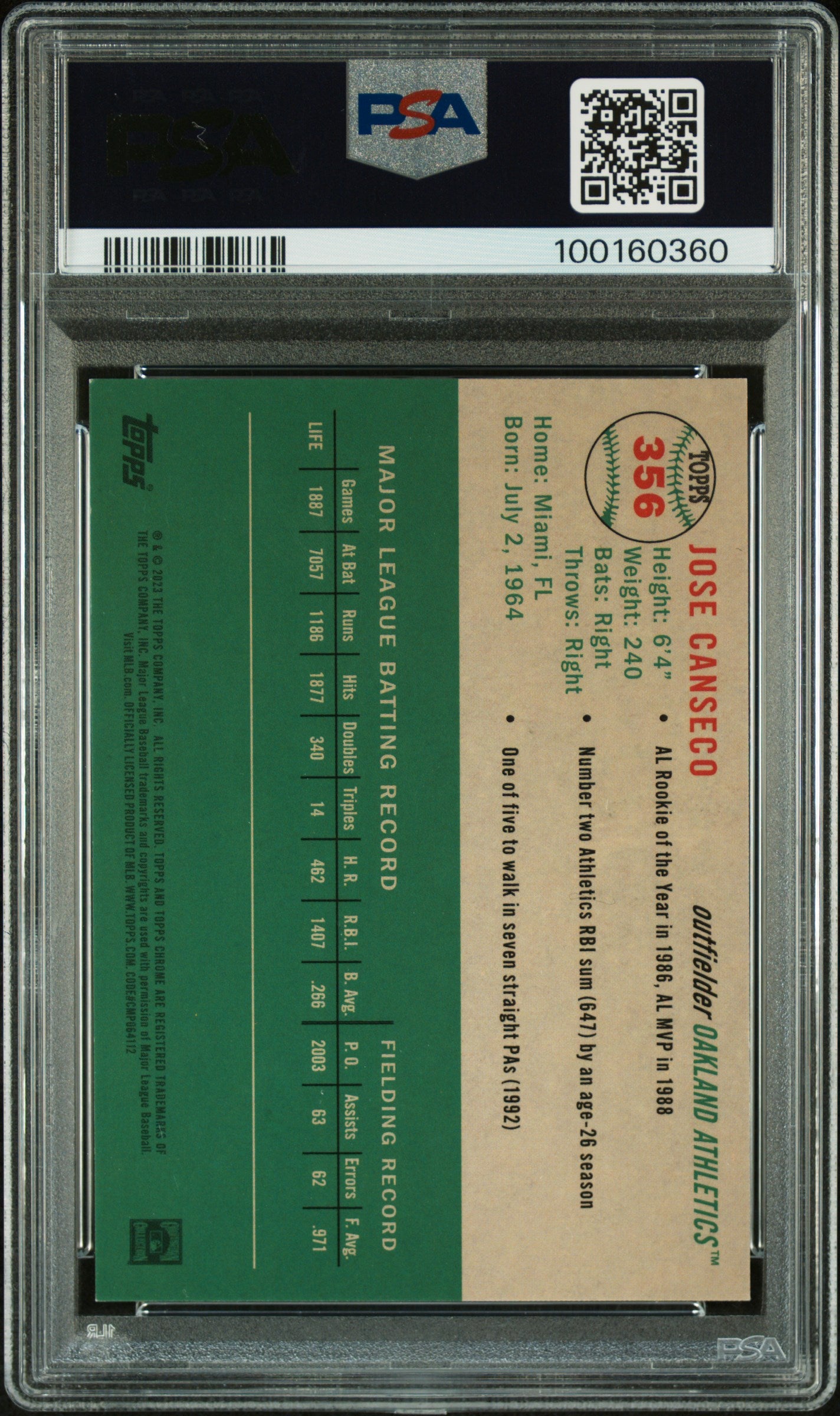 Jose Canseco 2023 Topps Chrome Green Wave Signed Card #356 Auto Graded PSA 10-Powers Sports Memorabilia