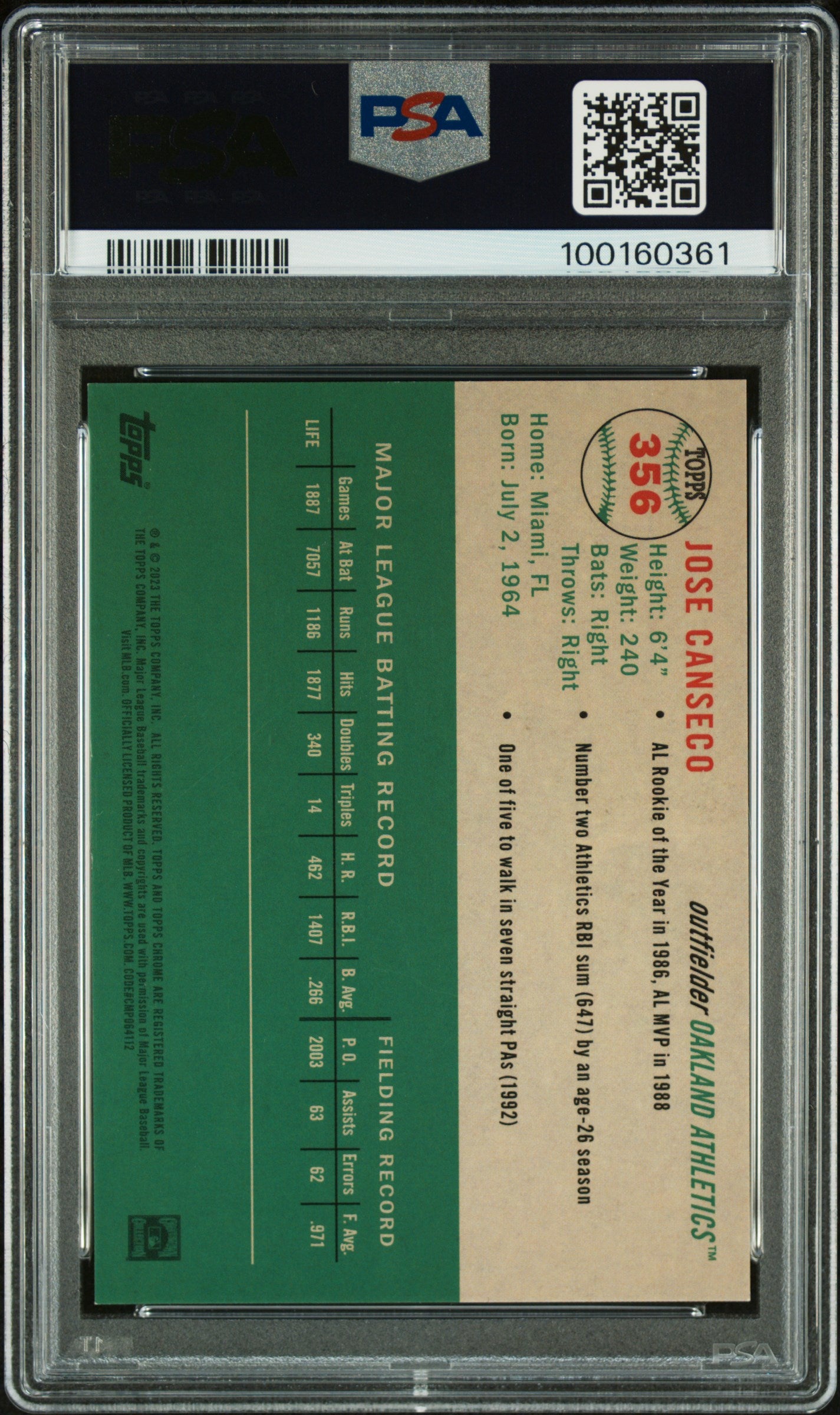 Jose Canseco 2023 Topps Chrome White Green Refractor Card 356 Auto Graded PSA 10-Powers Sports Memorabilia
