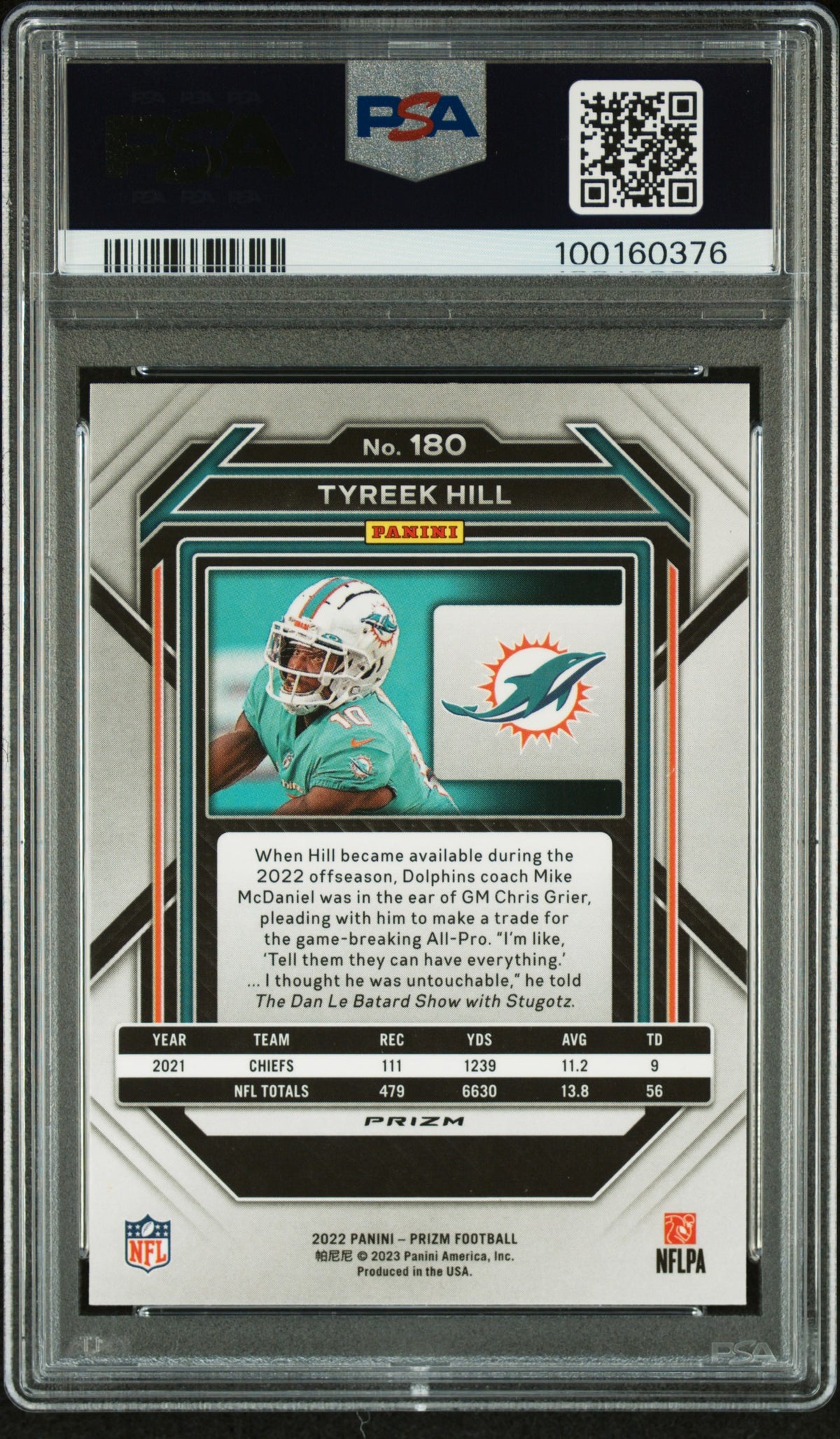 Tyreek Hill 2022 Panini Prizm Green Signed Football Card #180 Auto Graded PSA 8-Powers Sports Memorabilia