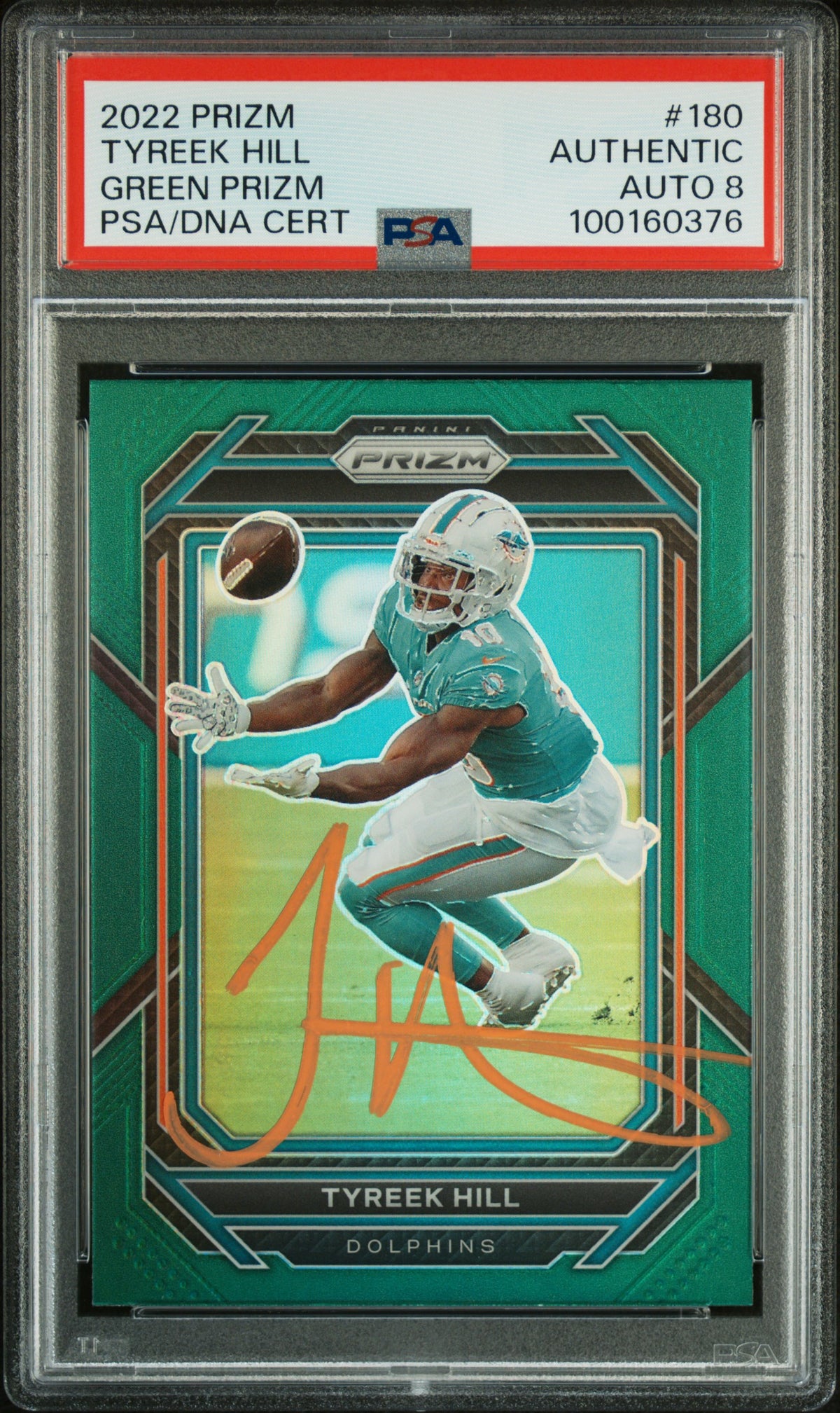 Tyreek Hill 2022 Panini Prizm Green Signed Football Card #180 Auto Graded PSA 8-Powers Sports Memorabilia