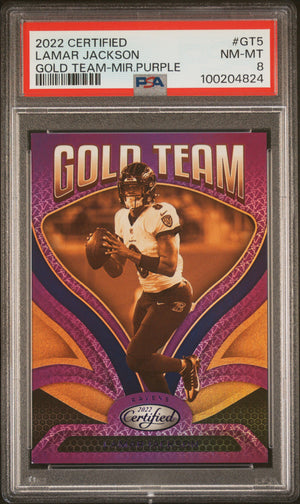 Lamar Jackson 2022 Certified Gold Team Purple Football Card #GT5 PSA 8 5/10-Powers Sports Memorabilia