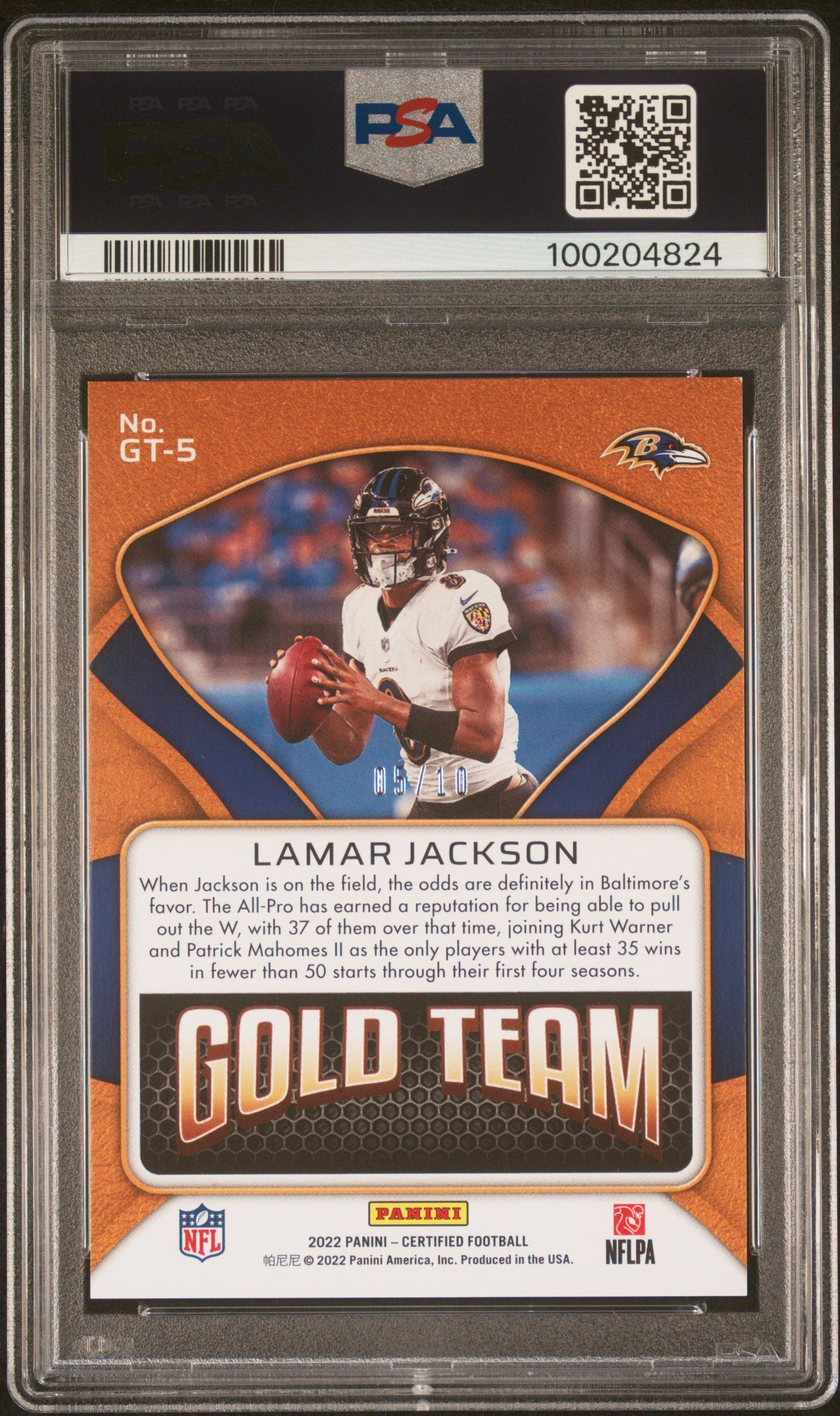 Lamar Jackson 2022 Certified Gold Team Purple Football Card #GT5 PSA 8 5/10-Powers Sports Memorabilia