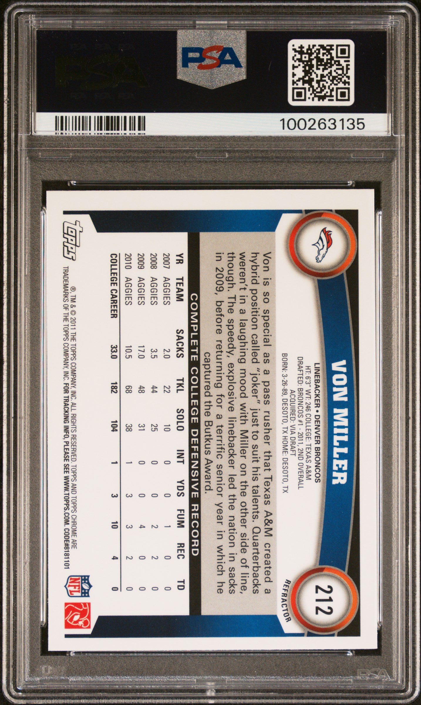 Von Miller 2011 Topps Chrome Orange Refractor Rookie Card #212 Auto PSA 00263135-Powers Sports Memorabilia