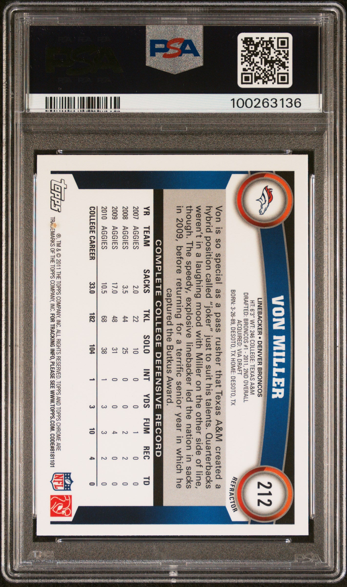 Von Miller 2011 Topps Chrome Orange Refractor Rookie Card #212 Auto PSA 00263136-Powers Sports Memorabilia