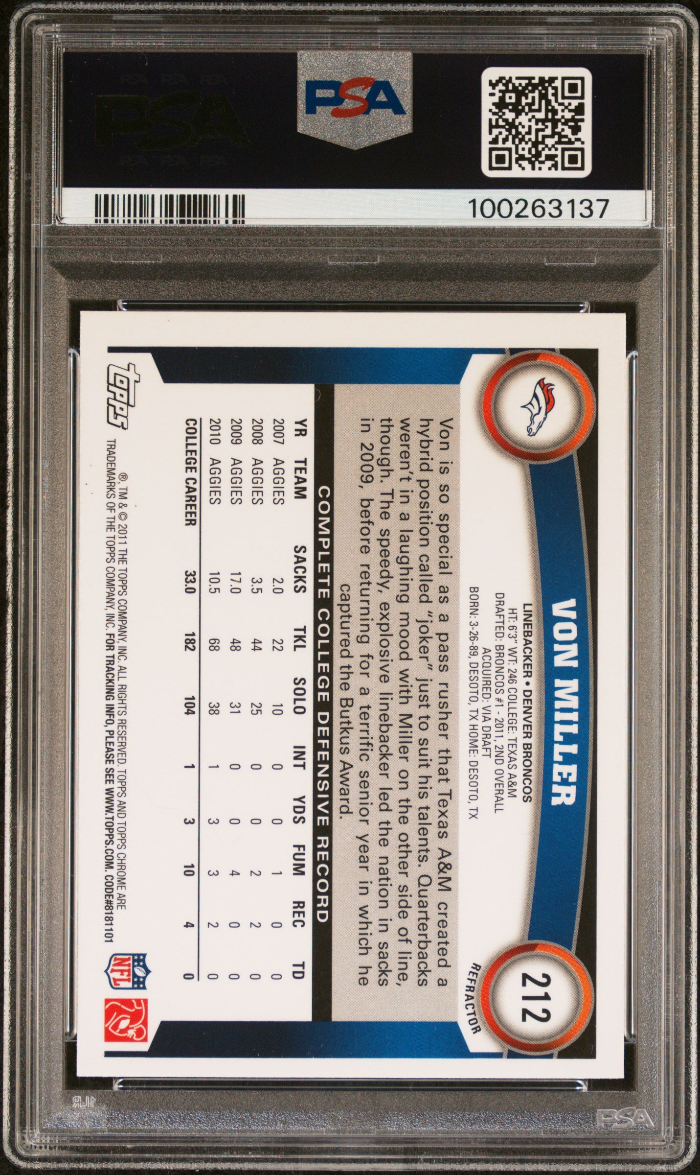 Von Miller 2011 Topps Chrome Orange Refractor Rookie Card #212 Auto PSA 00263137-Powers Sports Memorabilia