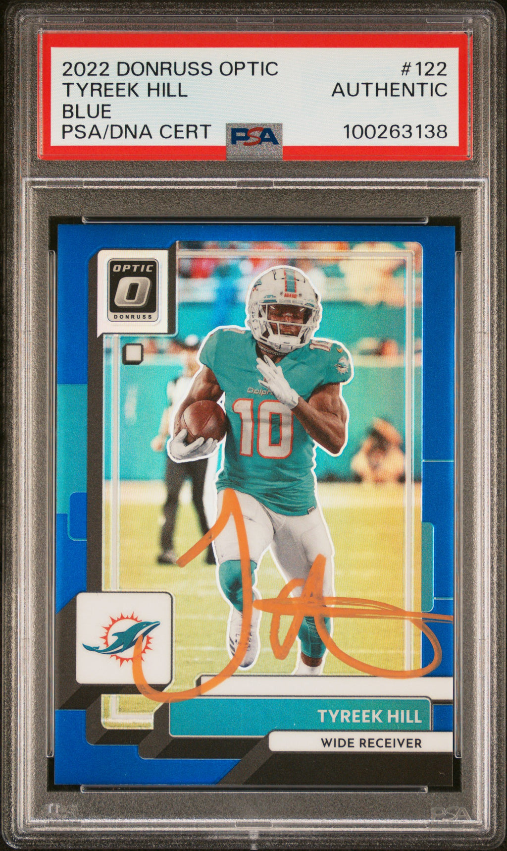 Tyreek Hill 2022 Panini Donruss Optic Blue Signed Card #122 Auto PSA 2