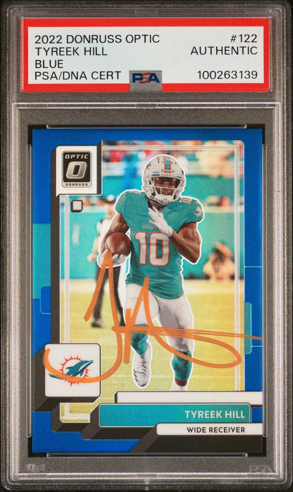 Tyreek Hill 2022 Panini Donruss Optic Blue Signed Card #122 Auto PSA 122/179-Powers Sports Memorabilia