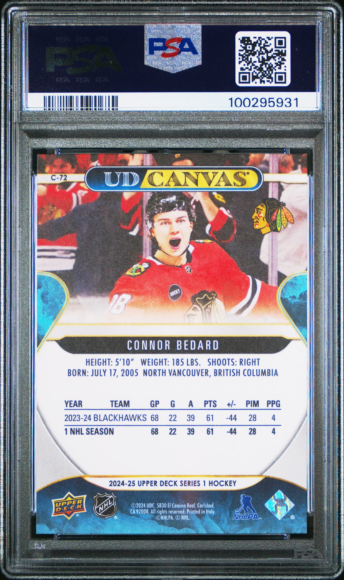 Connor Bedard 2024 Upper Deck UD Canvas Hockey Card #C72 Graded PSA 10 Cert #100295931-Powers Sports Memorabilia
