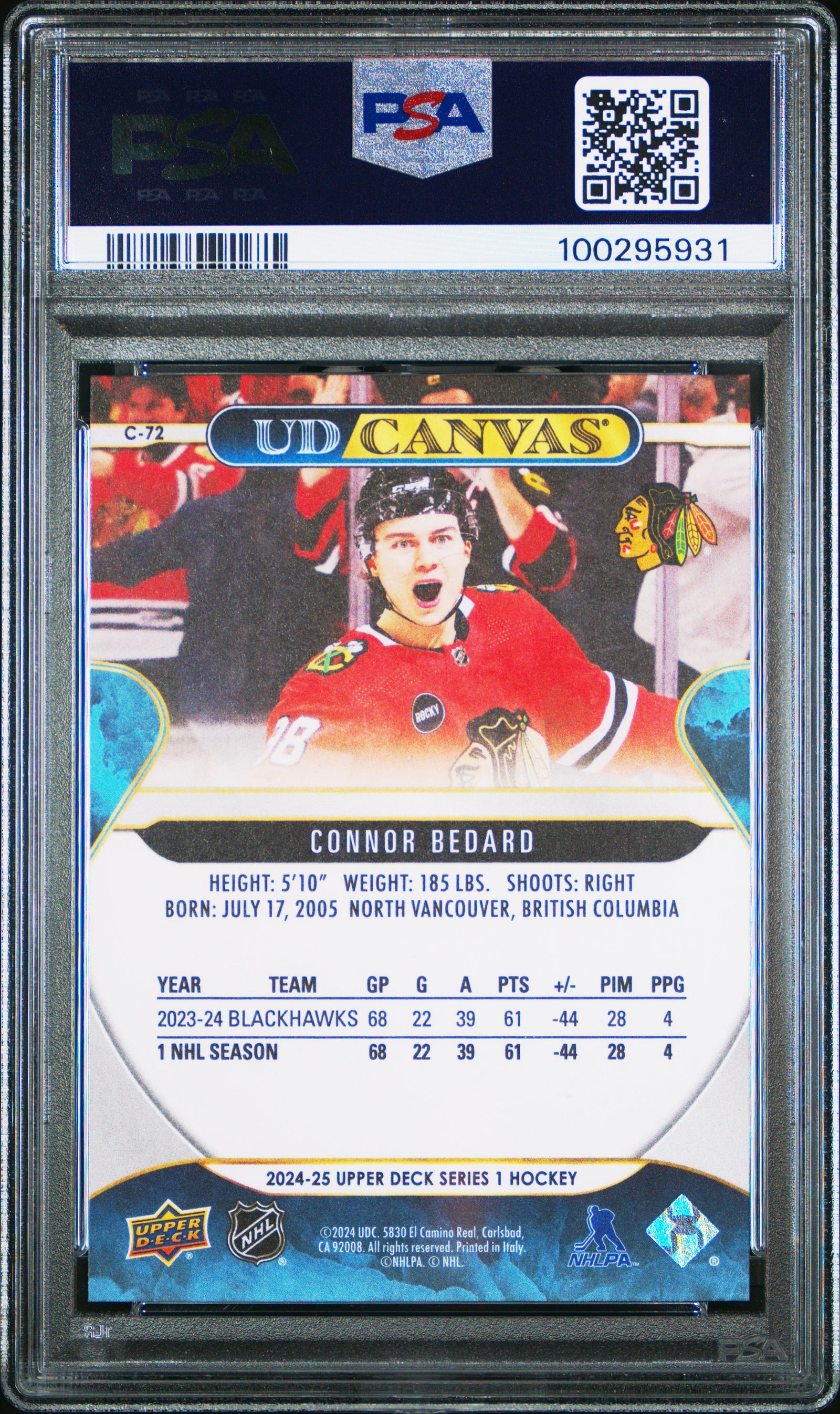 Connor Bedard 2024 Upper Deck UD Canvas Hockey Card #C72 Graded PSA 10 Cert #100295931-Powers Sports Memorabilia