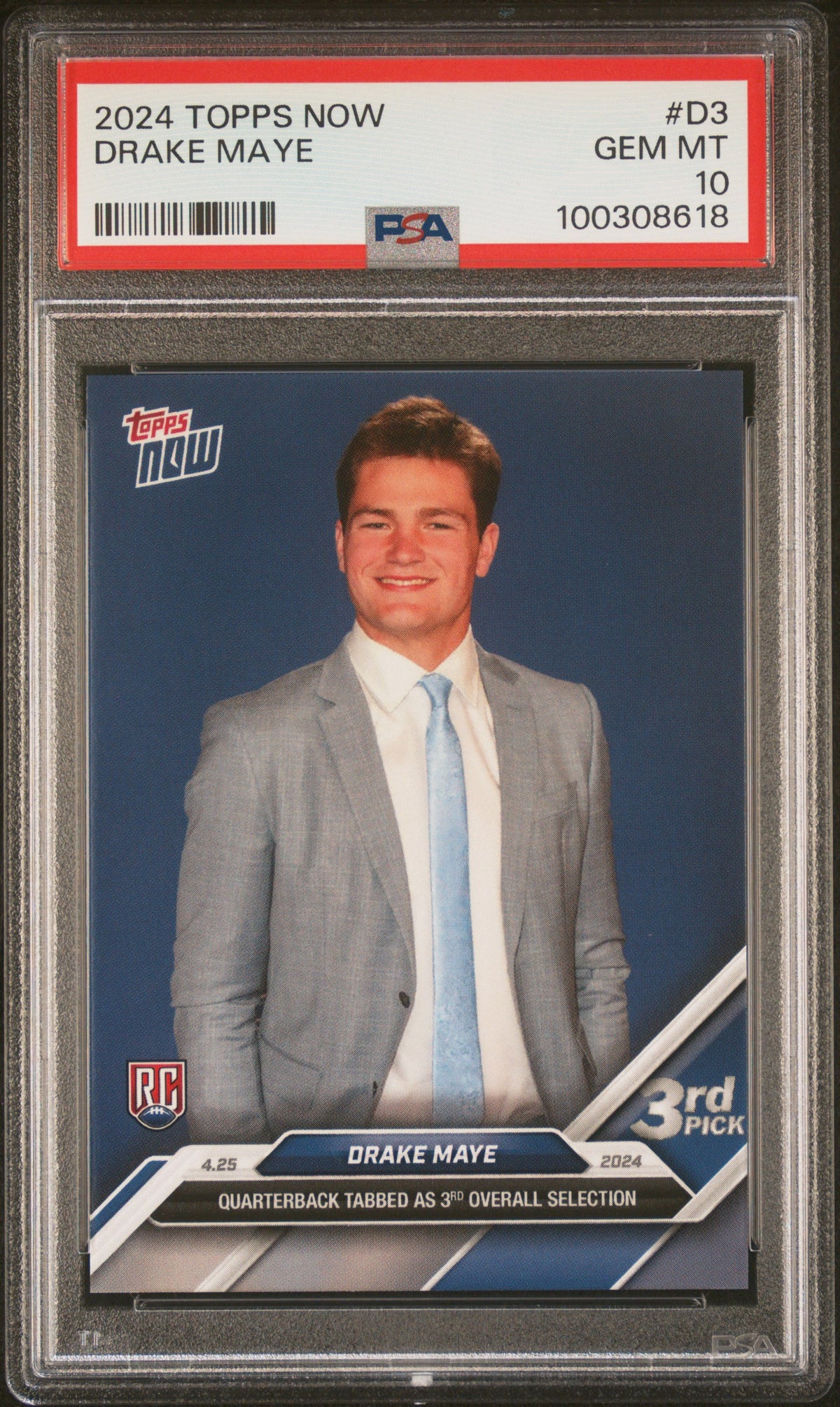 Drake Maye 2024 Topps Now NFL Draft Football Rookie Card #D3 Graded PSA 10 Cert #100308618-Powers Sports Memorabilia