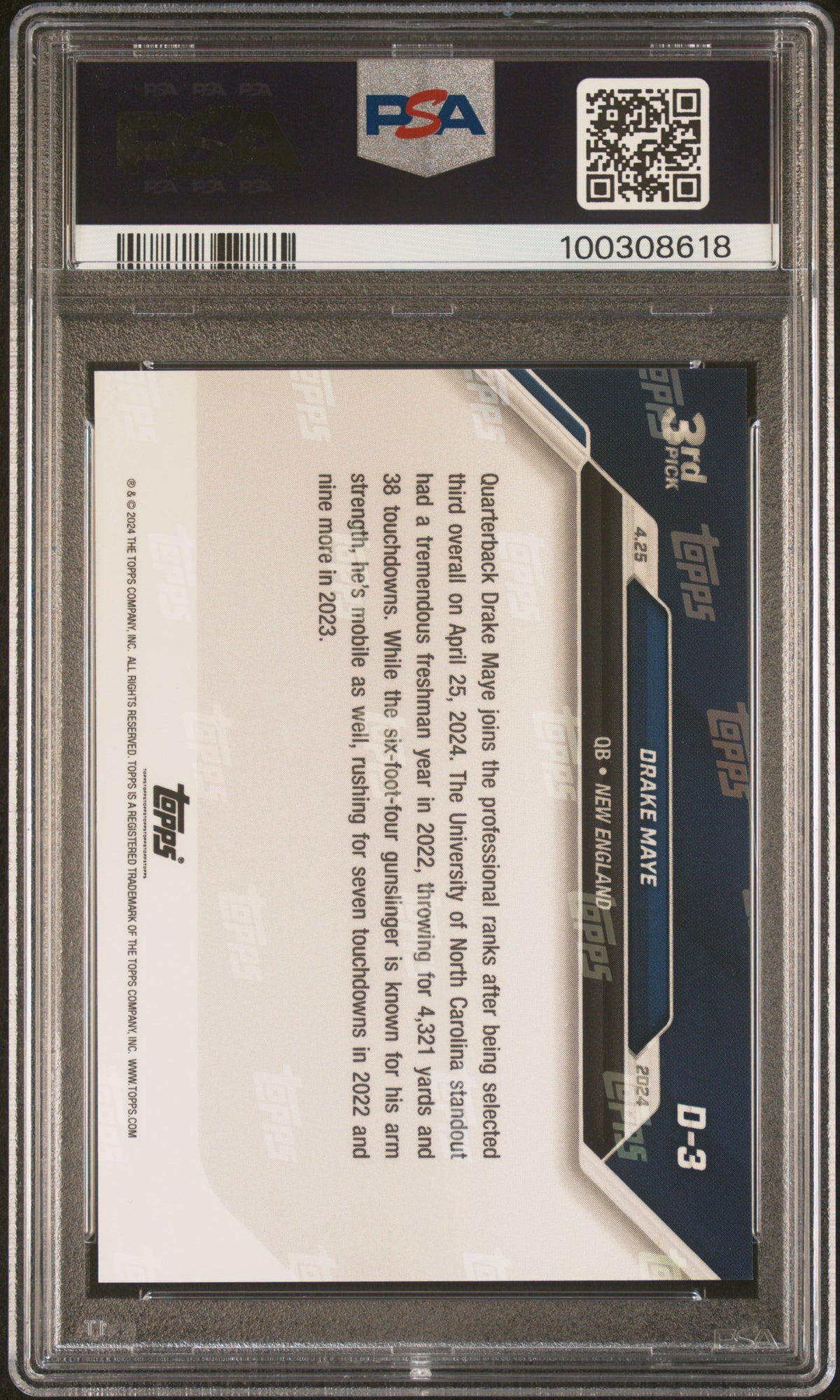 Drake Maye 2024 Topps Now NFL Draft Football Rookie Card #D3 Graded PSA 10 Cert #100308618-Powers Sports Memorabilia